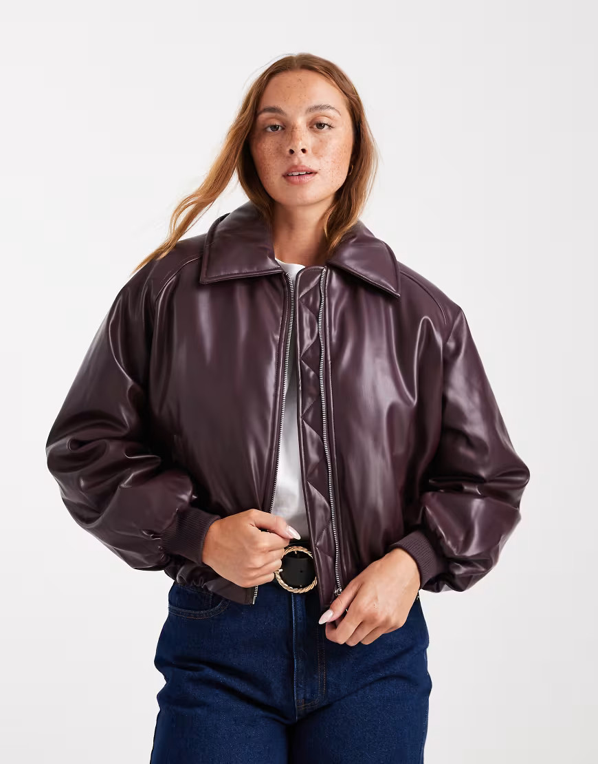 Cotton On faux leather puff jacket in dark berry-Red | ASOS (Global)