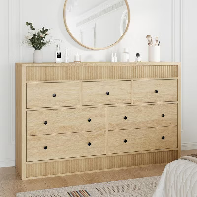 7-Drawer Dresser with Wooden Fluted Design, Modern Oak Chest of Drawers, Storage Organizer for Bedroom, Living Room, Hallway, Entryway, Natural Oak | Target