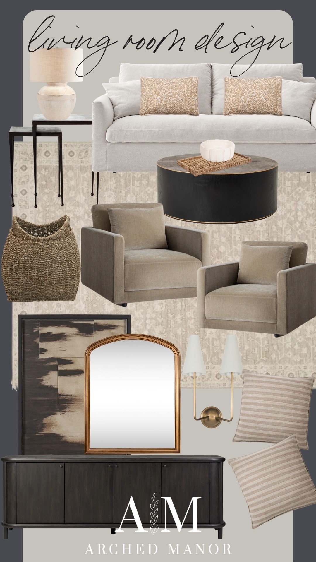 Love a good living room design board!! This couch is from one of my favorite stores, and this mirror is such a statement! Shop it all below 🤎

#LTKHome #LTKSeasonal
