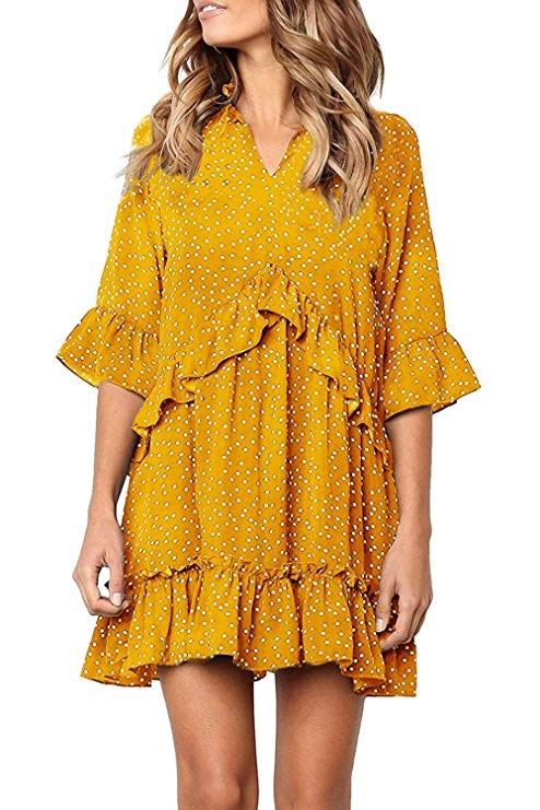 Mystry Zone Dresses for Women V Neck Ruffle Polka Dot Loose Swing Casual Short T-Shirt Dress | Amazon (US)