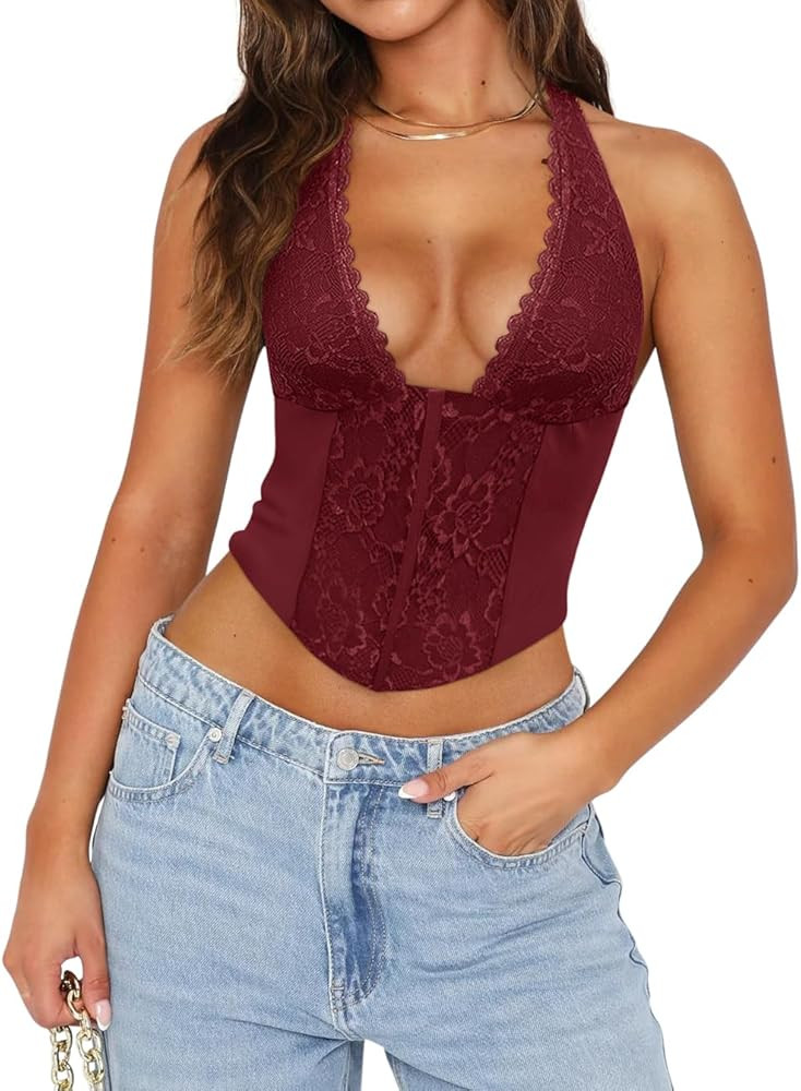 Women Sexy Lace Halter Neck Tank Top Sleeveless Backless Y2k Trendy Going Out Corset Crop Tops | Amazon (US)
