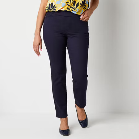 Liz Claiborne Amber Womens Straight Mid Rise Straight Fit Pull-On Pant, 10 Petite, Blue | JCPenney