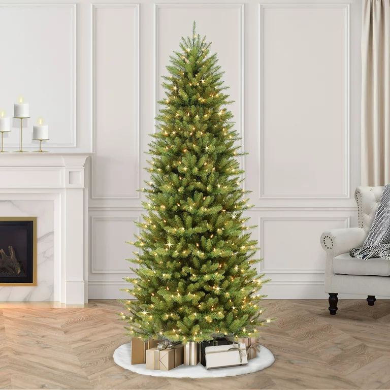 7.5 ft Pre-Lit Slim Fancy Fir Artificial Christmas Tree with 500 UL Clear Lights, Metal Stand, Gr... | Walmart (US)