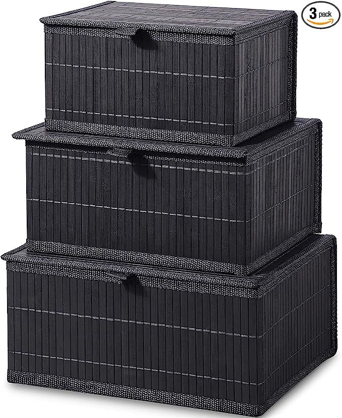 Honygebia Black Bamboo Decorative Storage Boxes - Rectangle Lined Basket with lids Organizer for ... | Amazon (US)