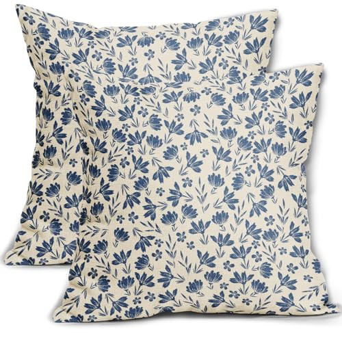 Aytipun Blue Floral Pillow Covers 18x18 Set of 2 Vintage Rustic Old Style Cute Small Flower Blue Cream Print Decorative Outdoor Pillowcases Farmhouse Throw Cushion Case Decor for Couch Sofa Bed | Amazon (US)