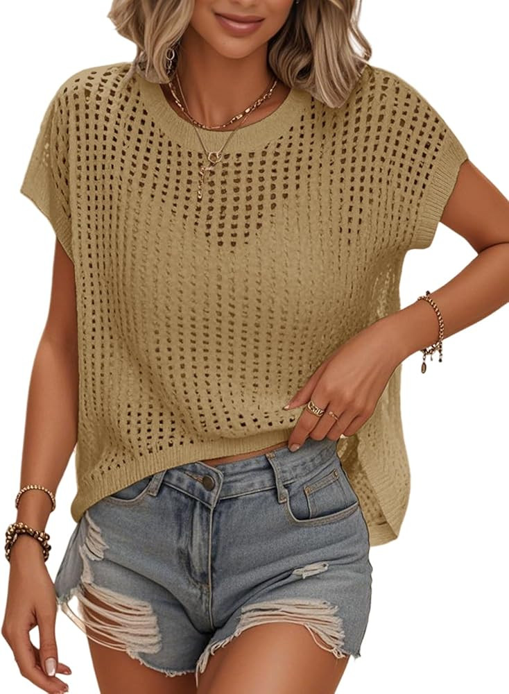 Womens Summer Crochet Tops Hollow Out Cap Sleeve Cover Up Tank Top Pullover Sweater Vest Beach Va... | Amazon (US)