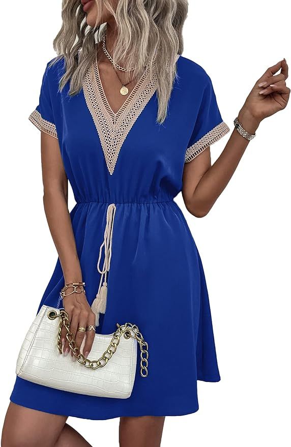 PRETTYGARDEN Women's Casual Summer Dresses Trimmed Short Sleeve V Neck Tie Front Flowy Dress | Amazon (US)