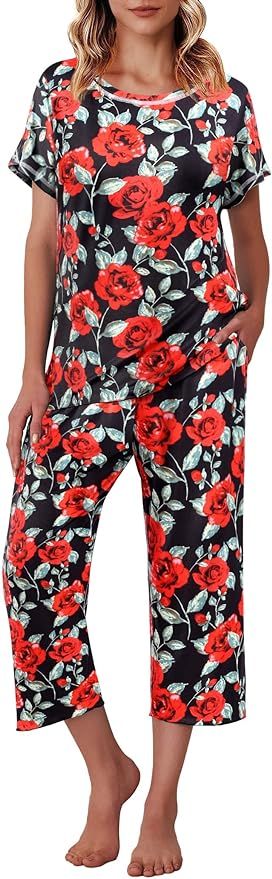 Ekouaer Women's Capri Pajama Sets Floral Print Short Sleeve Sleepwear Top and Capri Pants 2 Piece... | Amazon (US)