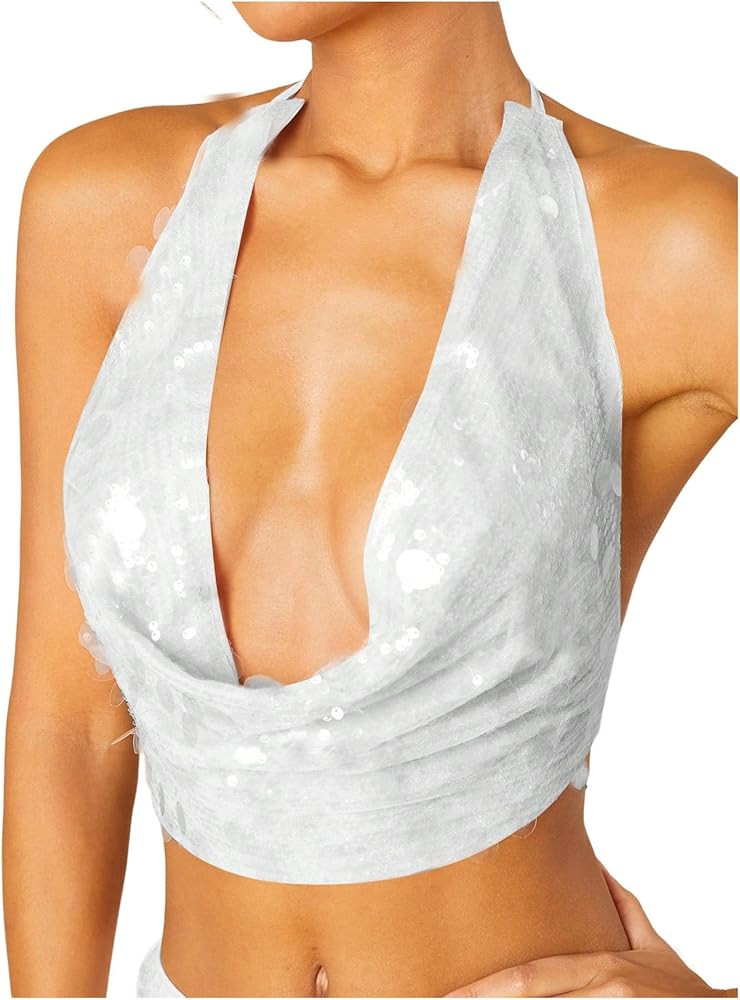 MakeMeChic Women's Sequin Sparkly Halter Tops Open Back Draped Front Party Club Festival Rave Top | Amazon (US)
