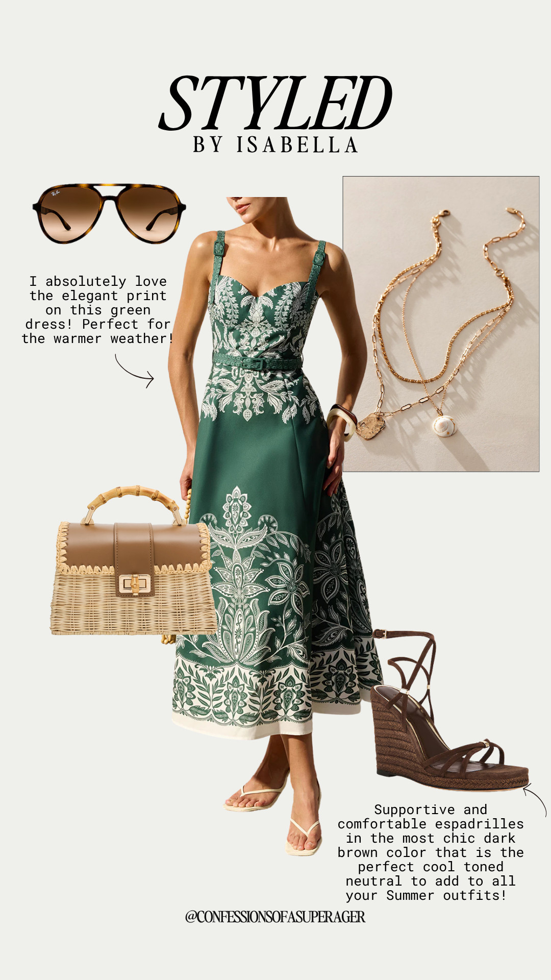 This elegant green printed midi dress is the definition of timeless summer style 💚 Paired with chic espadrille wedges, layered gold jewelry, a woven handbag, and classic sunglasses, this look is perfect for vacation dinners, summer weddings, brunch dates, and elevated everyday style. I’m obsessed with the flattering fit and luxe neutral accessories that make this outfit feel effortlessly polished. Shop the full look now on LTK! ✨ #SummerStyle #VacationOutfit #MidiDress #GreenDress #ResortWear #EspadrilleWedges #ElegantStyle #CoastalChic #SummerFashion #NeutralAccessories #LuxuryStyle #WeddingGuestDress #ClassicStyle #FashionOver40 #Over50Style #TimelessFashion #LTKStyle #LTKFinds #VacationFashion #ConfessionsOfASuperager

#LTKootd #LTKOver40 #LTKSaleAlert
