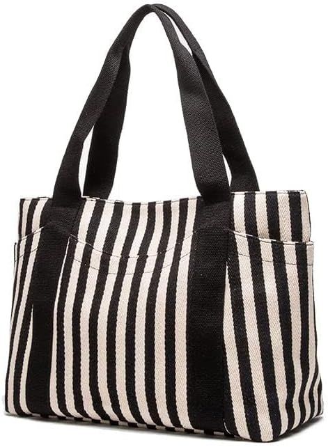 Black & White Striped Tote Bag Medium Summer Purse Canvas Weekender Beach Bags Multi Pockets Mom ... | Amazon (US)