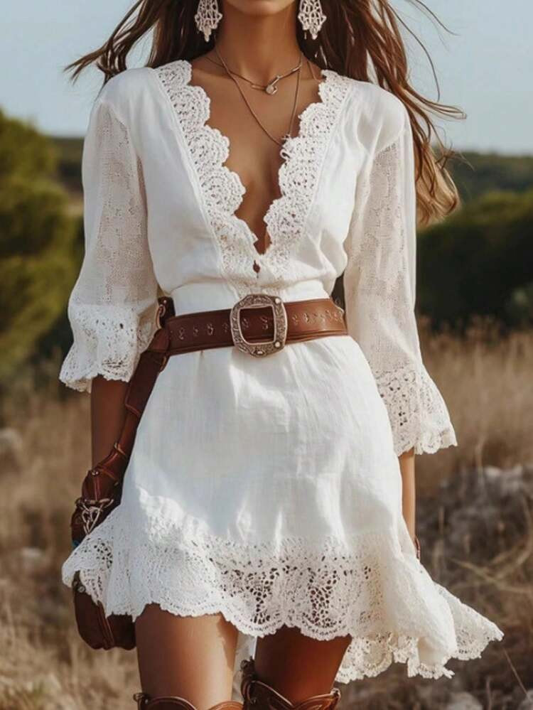 Women's Casual Solid Color Lace Patchwork Lace Dress Without Belt | SHEIN