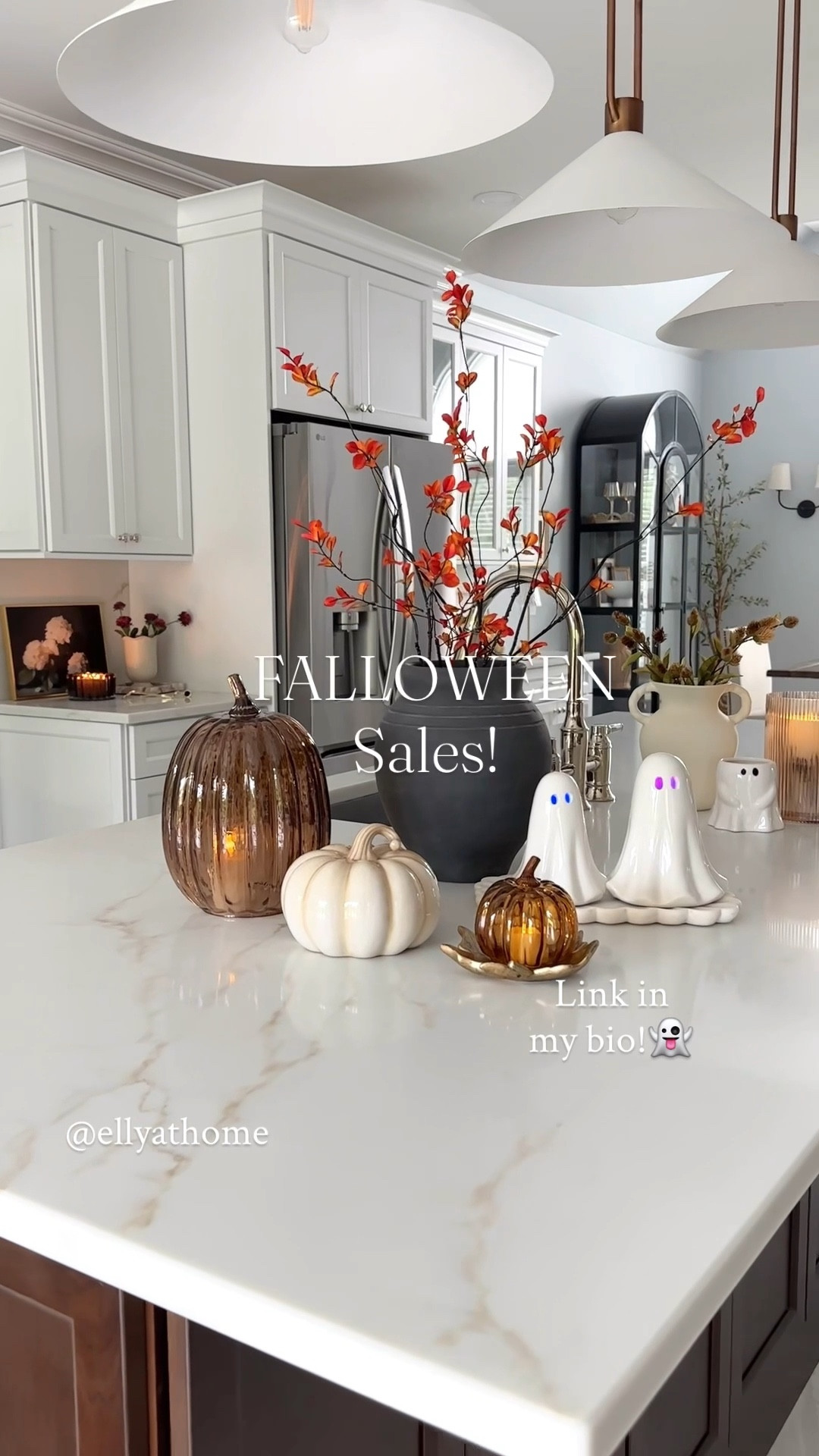 Shop ghosts, black vase, display cabinet, gold trays on sale! Amber pumpkins, florals, fall candle, amber hurricane holders, pendants and more! 