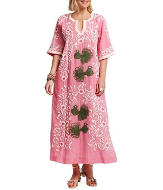 Charming Peacock Embroidery Split V-Neck 3/4 Sleeve Caftan Maxi Dress | Dillard's