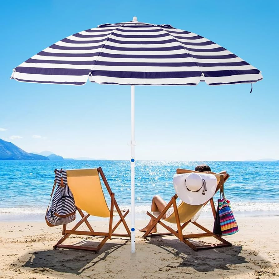 JEAREY 7.5FT Beach Umbrella UV 50+ Outdoor Portable Sunshade Umbrella with Sand Anchor, Push Button Tilt and Carry Bag for Patio Outdoor Garden Beach Navy&White | Amazon (US)