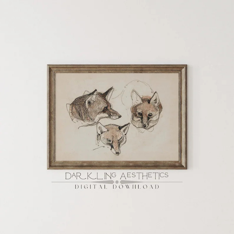 Vintage Fox Study Sketch | Moody Dark Cottagecore Forest Wildlife Printable Wall Art | Dark Acade... | Etsy (US)