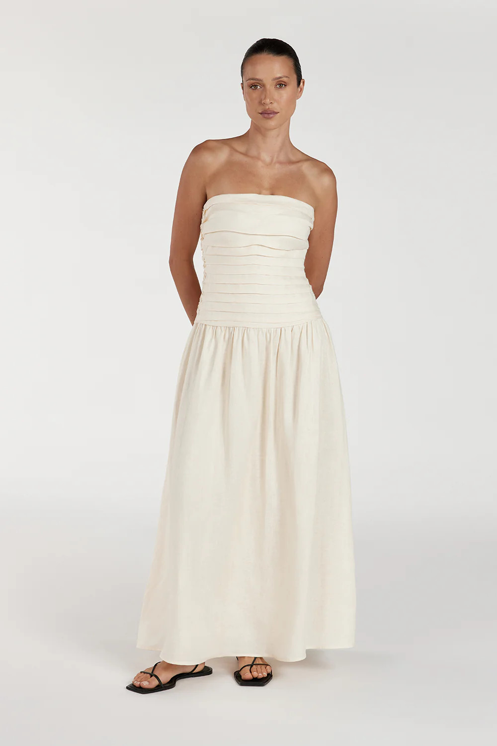 CATANIA CREAM LINEN STRAPLESS MIDI DRESS | DISSH