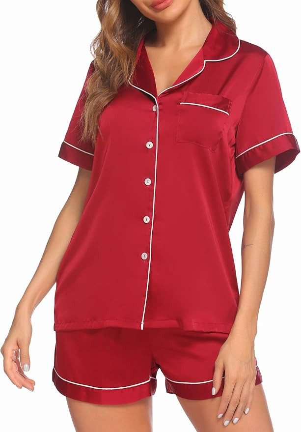 Ekouaer Satin Pajamas Women's Short Sleeve Sleepwear Soft Silk Button Down Loungewear Pjs Shorts ... | Amazon (US)
