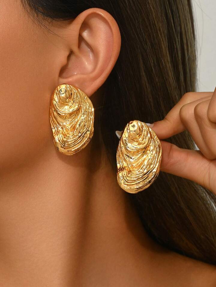 2pcs Fashionable Sea Life Themed Chunky Jewelry Earrings Set, Including Heart Shaped Shells, Gold Shells, Crystal Embellished Shells, Gold Starfish, Seashells, Water Drop, Fish, Wave, Face, Geometric Shapes, Asymmetrical Textured & Grooved Surface Zinc Alloy Gold Plated, Suitable For Party & Daily Wear | SHEIN