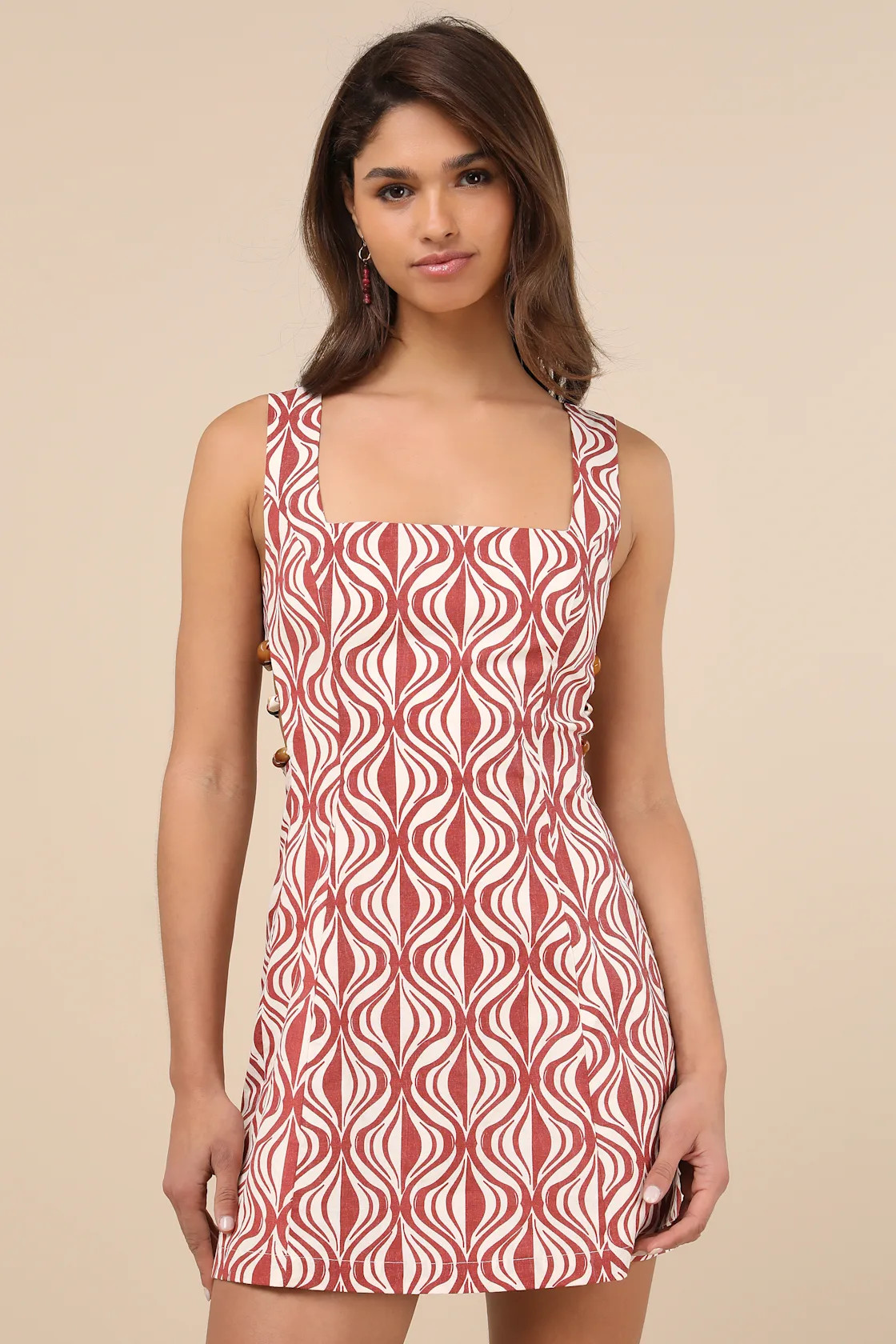 Pollie Rust and Cream Print Beaded Linen Sleeveless Mini Dress | Lulus