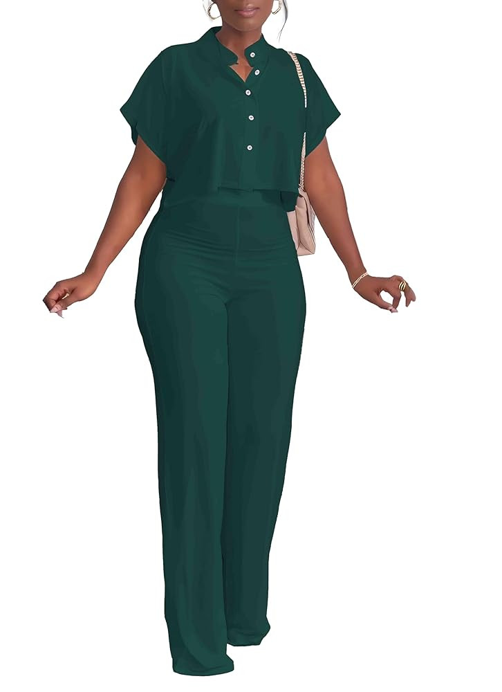 HBQ Women's Summer 2 Piece Outfits Casual Tracksuit Short Sleeve Button Down Crop Top Wide Leg Lo... | Amazon (US)