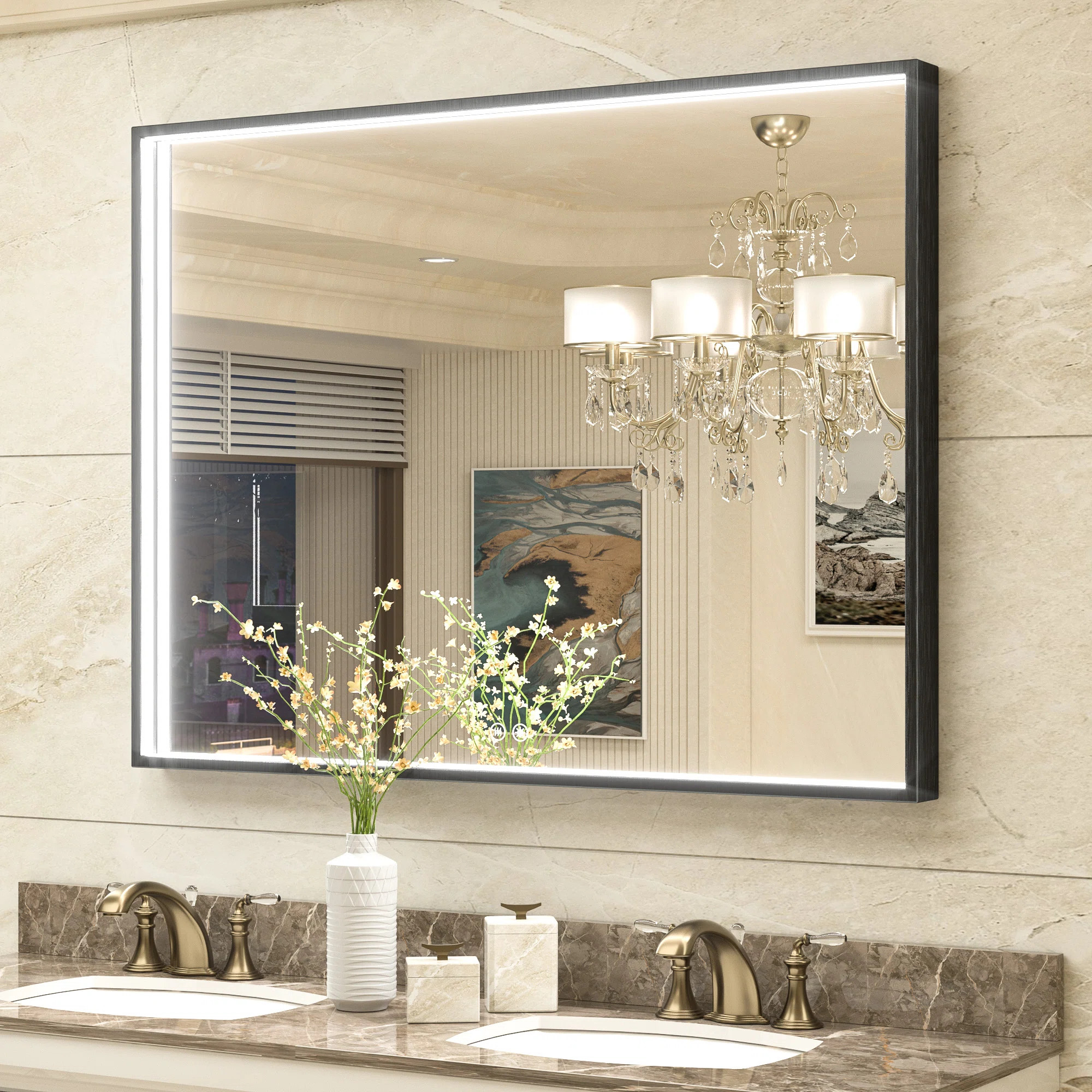 LED Metal Framed Anti-Fog Function 3 Color Adjustment Bathroom Mirror | Wayfair North America