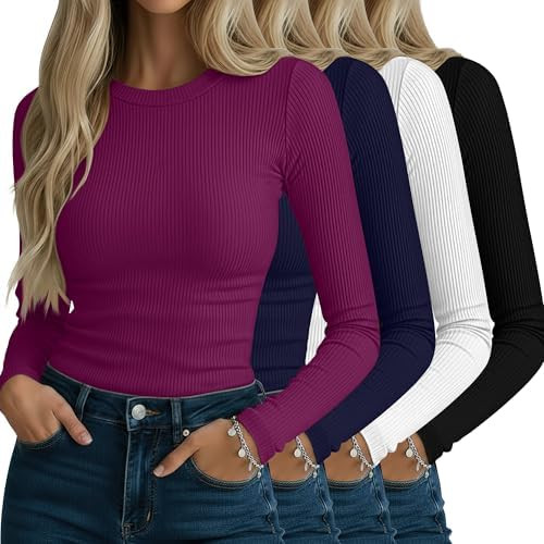 Neer 4 Pack Women's Ribbed Long Sleeve Shirts, Cotton Crew Neck Slim Fit Tops Stretch Knit Casual... | Amazon (US)
