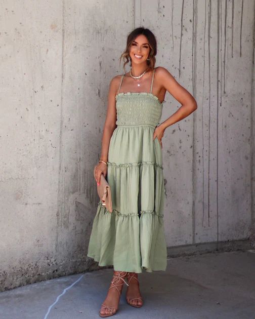 Zoey Smocked Tiered Maxi Dress - Light Olive | VICI Collection