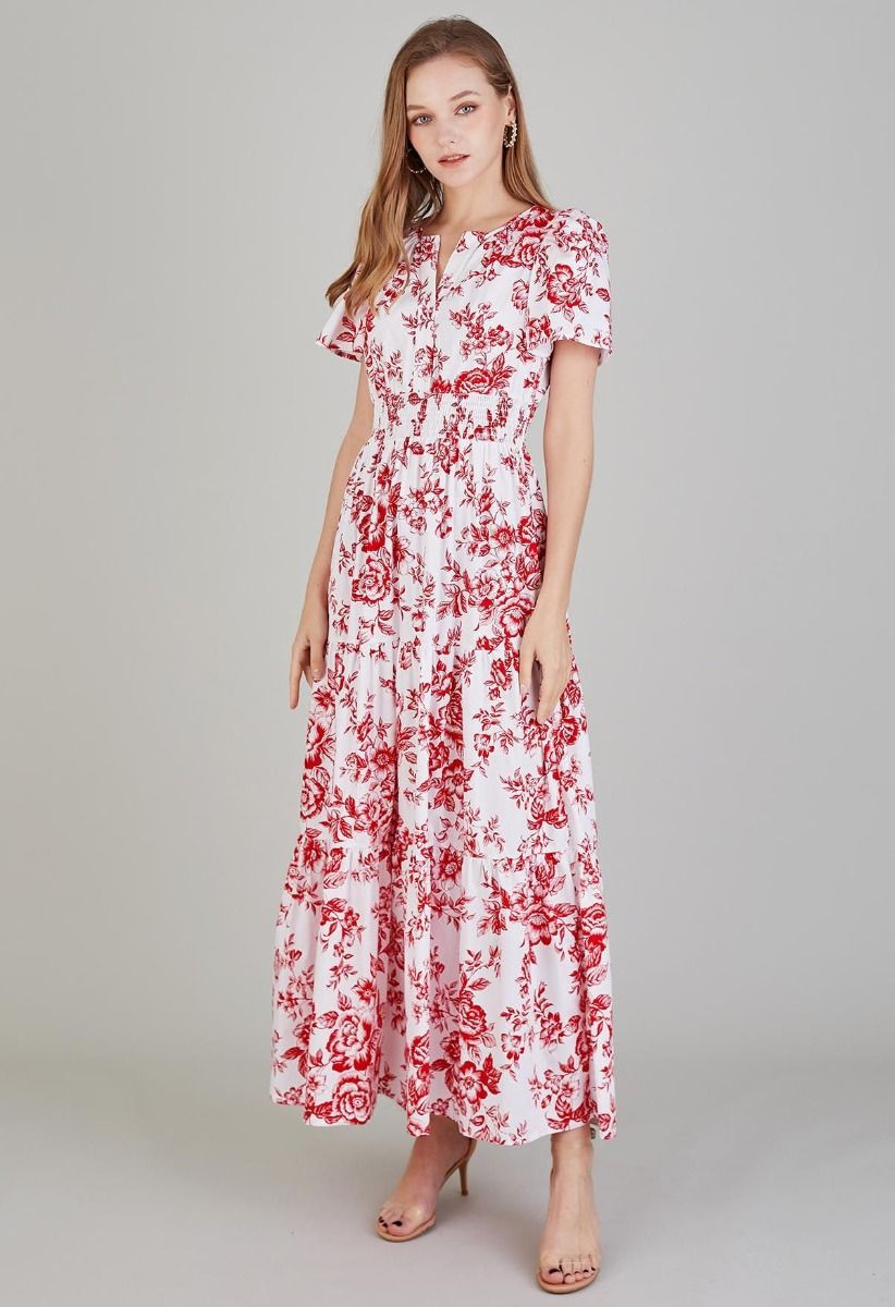 Ebullient Red Flower Printed Maxi Dress | Chicwish