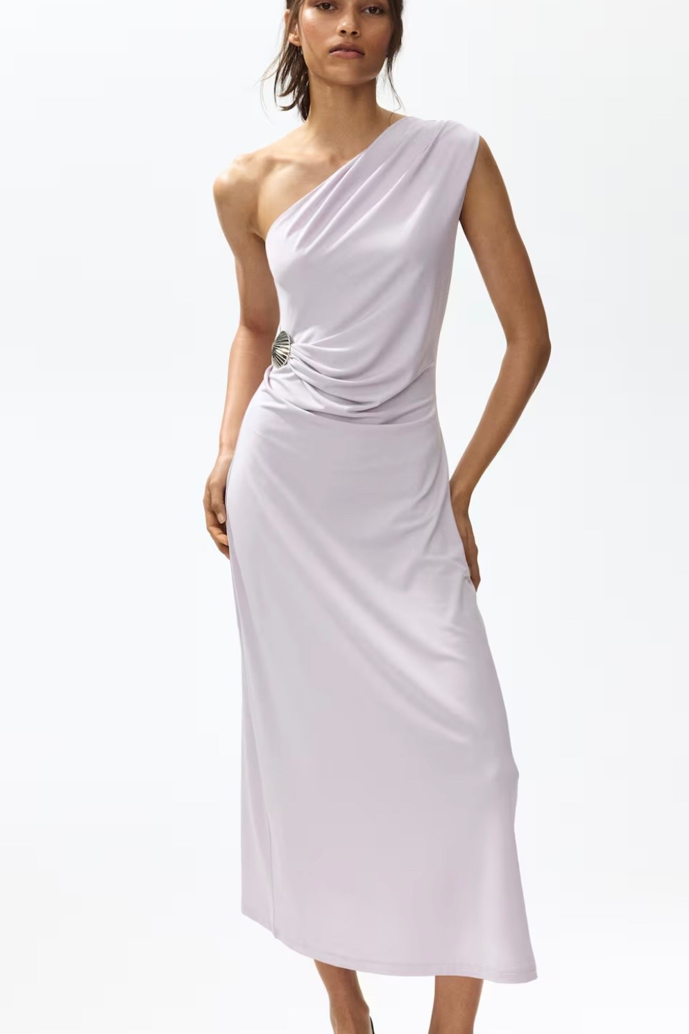 One-shoulder draped midi dress (light lilac/grey)
Solves “what to wear to a dressy event” without being overdressed. Draping flatters midsection and feels secure. Comfortable for long wear.

#LTKstyletip #LTKpartywear #LTKdresses