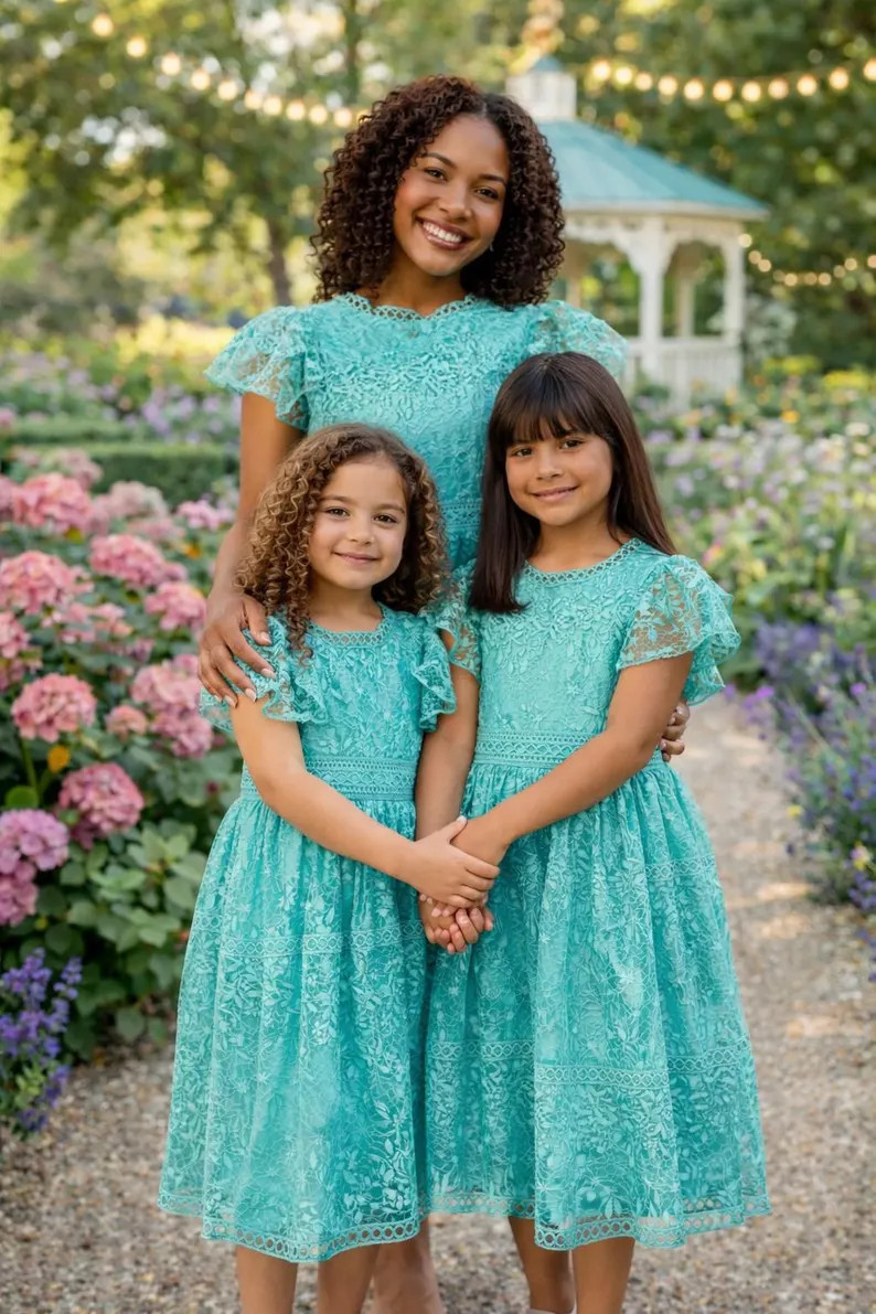 RESTOCKED! Mommy & Mini Lace Dress - Turquoise Or Blush, Mom Me Boutique, Flutter Sleeve Coordina... | Etsy (US)