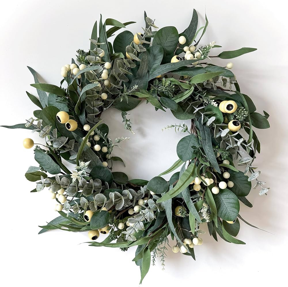 Wreaths for Front Door 22 Inch, All Season Greenery Wreath Olive Eucalyptus Leaves and White Mixe... | Amazon (US)