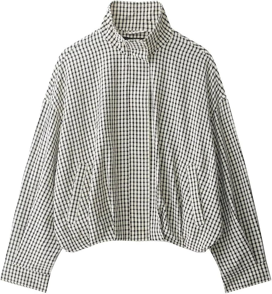 Women Plaid Jacket Oversized Zip Up Stand Collar Cropped Coat | Amazon (CA)