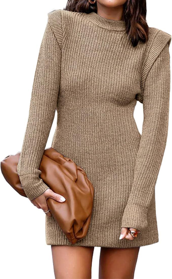 Women Sweater Bodycon Short Dress Long Sleeve Crew Neck Slim Fit Solid Dressy Fall Winter Mini Ri... | Amazon (US)