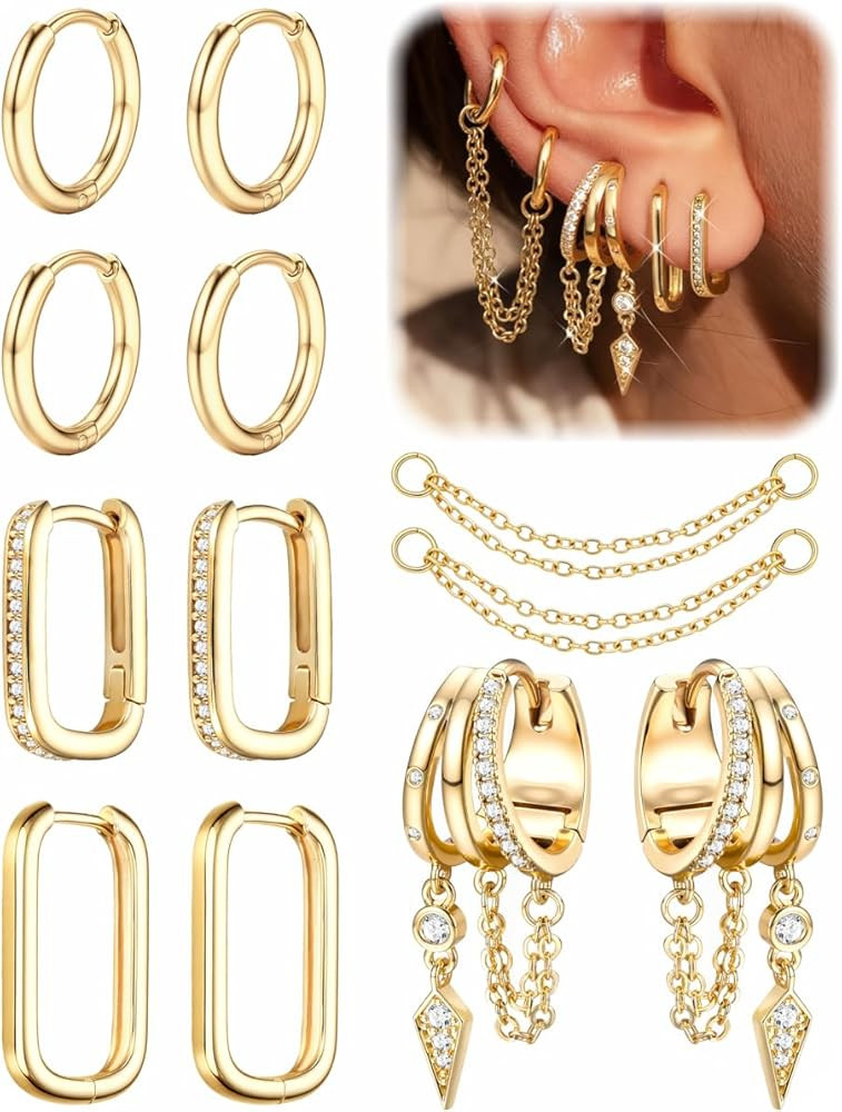 Hypoallergenic Earring Stacks - Non Tarnish 14K Gold Plated Surgical Steel Earring Dainty CZ Hugg... | Amazon (US)