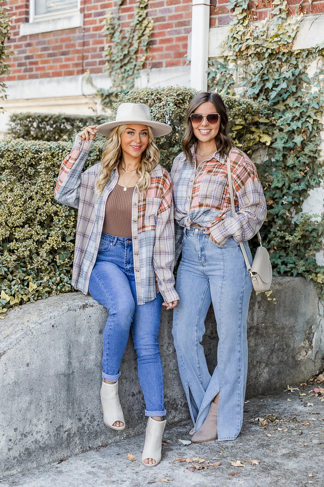 No Comparison Color Block Plaid Button Up Blouse | Pink Lily