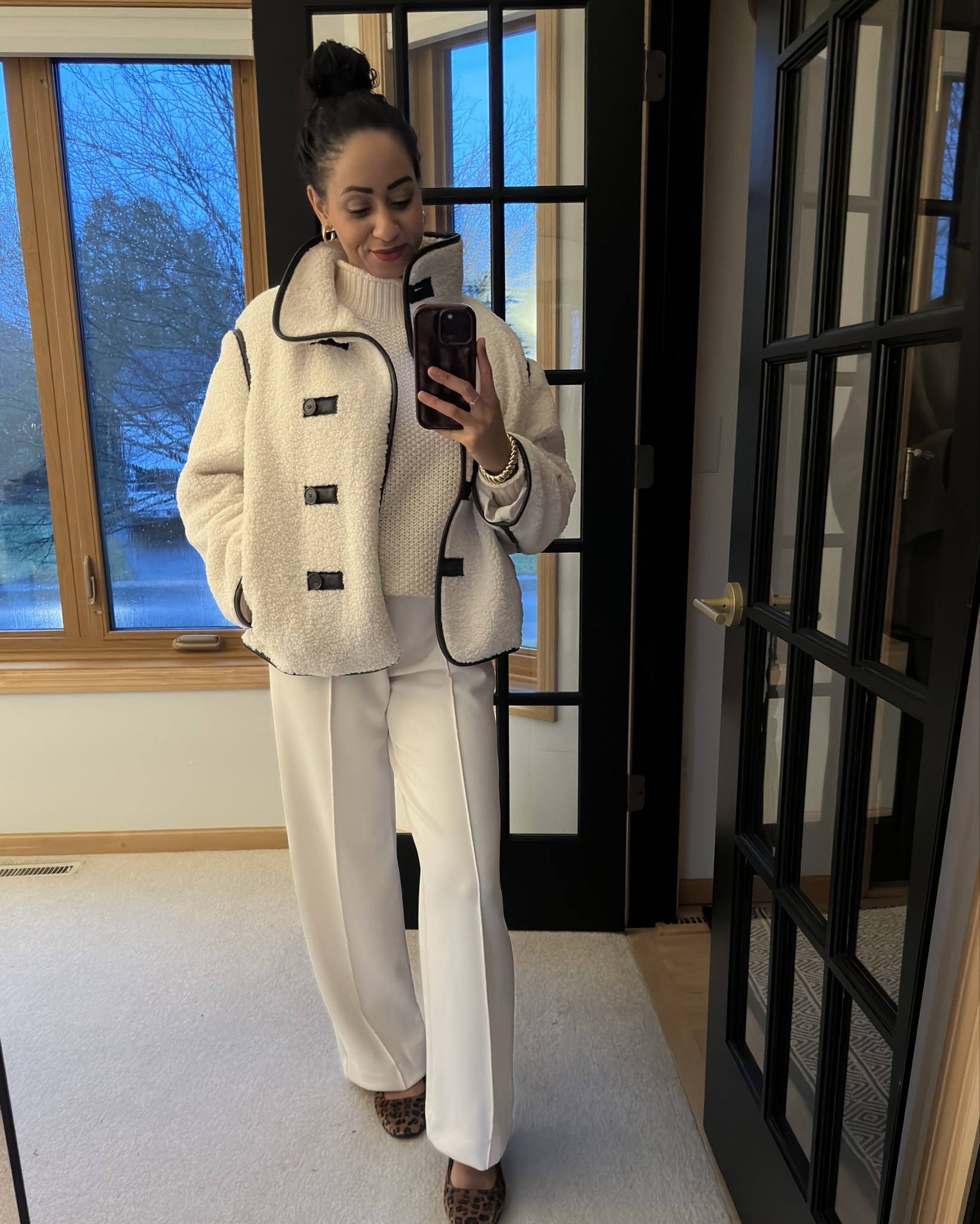 I look like a polar bear according to my husband, but in the winter I’ll take it 😅🐻‍❄️. This jacket is so cozy and warm and it’s all I care about being right now. The faux leather trim elevates this outfit and I can’t get enough of the clasps that bring the coat together 😍. 

#LTKWorkwear #LTKHoliday #LTKGiftGuide