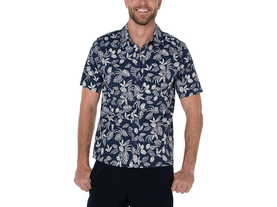 Liverpool Los Angeles Short Sleeve Palm Print Shirt (Blue/Porcelain) Men's Short Sleeve Knit | Zappos