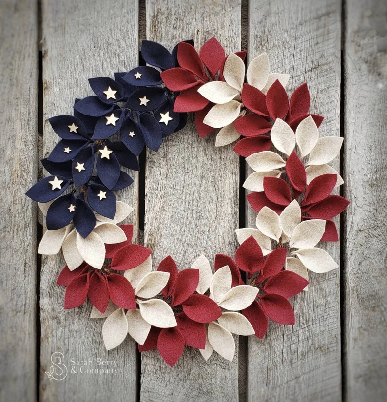 Vintage American Flag Themed Felt Wreath Patriotic Front Door Wreath Sarah Berry & Company 4th of... | Etsy (US)