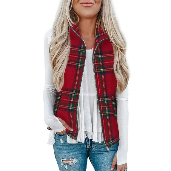 Women's Plaid Flannel Shirts - Vests for Women Fall Winter Plaid Print Sleeveless Zip-up Fleece J... | Walmart (US)