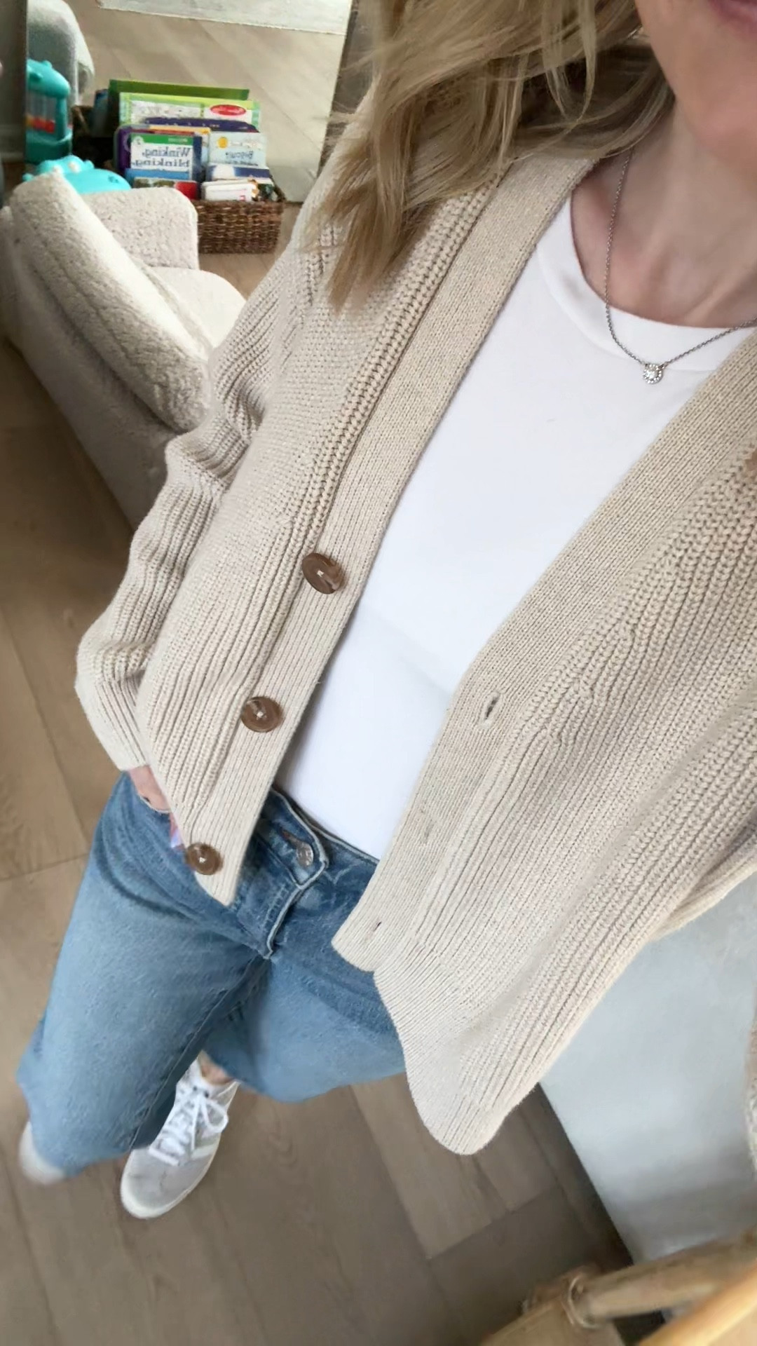 Outfit of the day! Obsessed with this cardigan from quince and of course wearing my madewell crop jeans again 😂 

#LTKSpringSale #LTKPetite