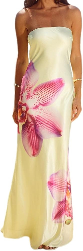 Women Y2k Strapless Maxi Dress Floral Print Tube Long Dress Boho Beach Sundress Going Out Streetw... | Amazon (US)