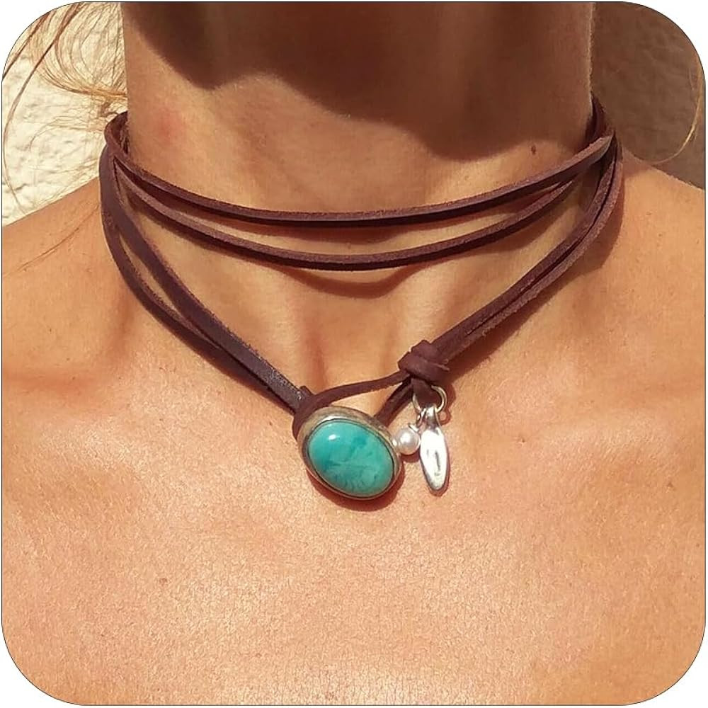 HUASAI Boho Necklaces for Women Brown Suede Choker Necklace for Women Trendy Boho Layered Leather... | Amazon (US)