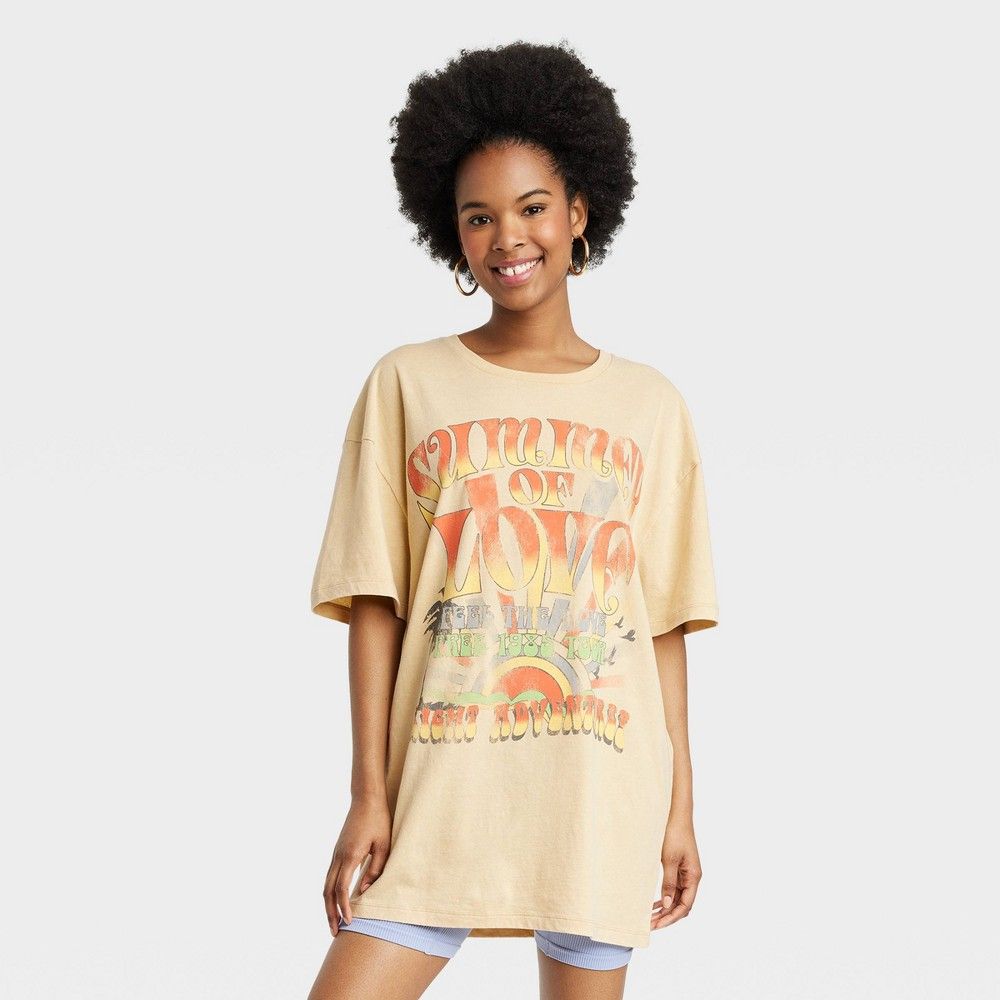 Women's Summer of Love Short Sleeve Oversized Graphic T-Shirt Dress - Yellow L/XL | Target