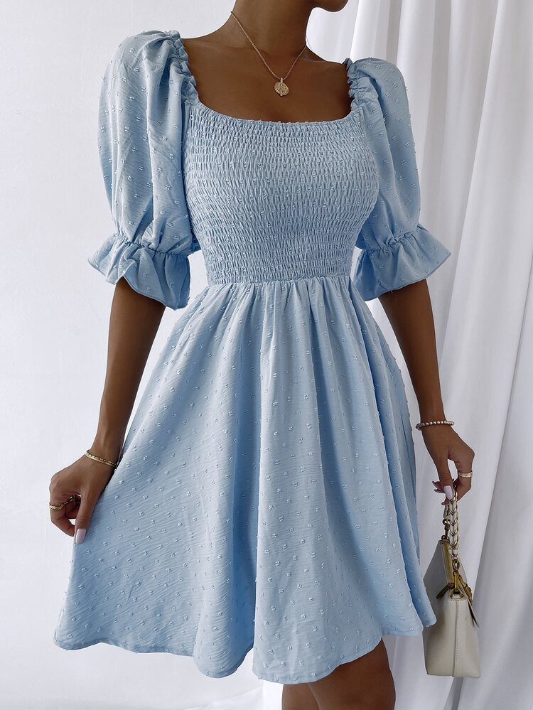 Swiss Dot Shirred Bust Dress | SHEIN