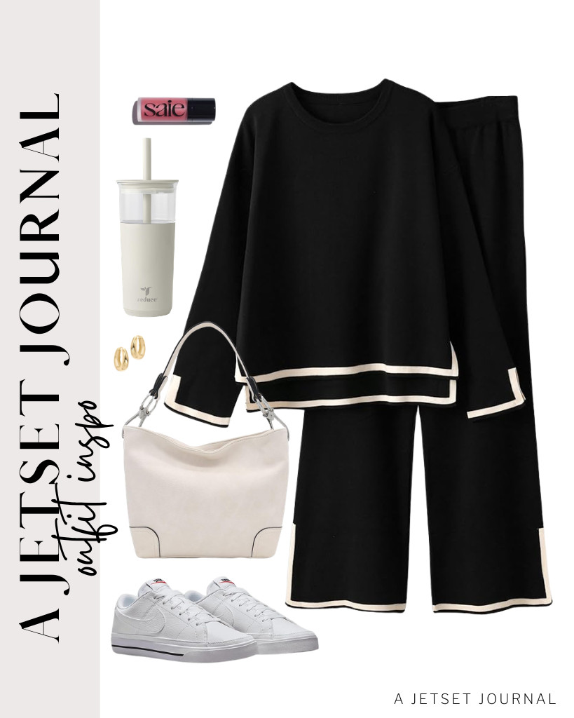 This elegant black long-sleeved two-piece set is perfect for a chic look. For footwear, consider pairing it with Nike Court Legacy shoes. You can complete the outfit with a shoulder bag featuring a snap hook detail. Don’t forget to accessorize with a set of chunky hoop earrings and apply Saie Dew Liquid Blush for a stunning touch! 

 #LTKSeasonal #LTKSaleAlert #LTKTravel