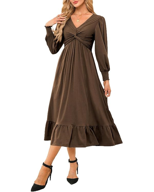 Dokotoo Womens 2024 Wrap V-Neck Twist Knot Long Sleeve Empire Waist Midi Maxi Dress A-Line Ruched... | Amazon (US)