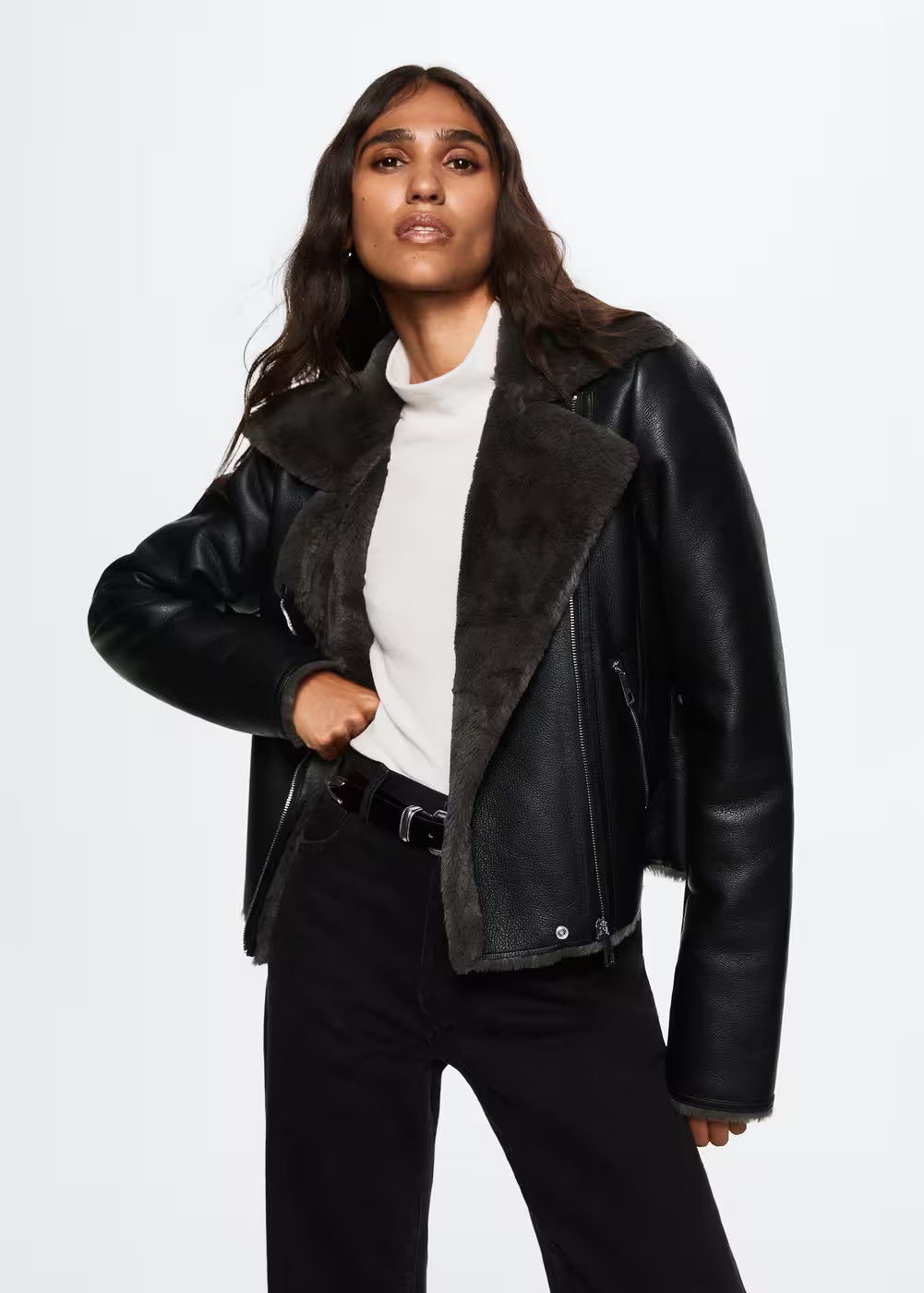 Faux shearling-lined biker jacket -  Women | Mango USA | MANGO (US)