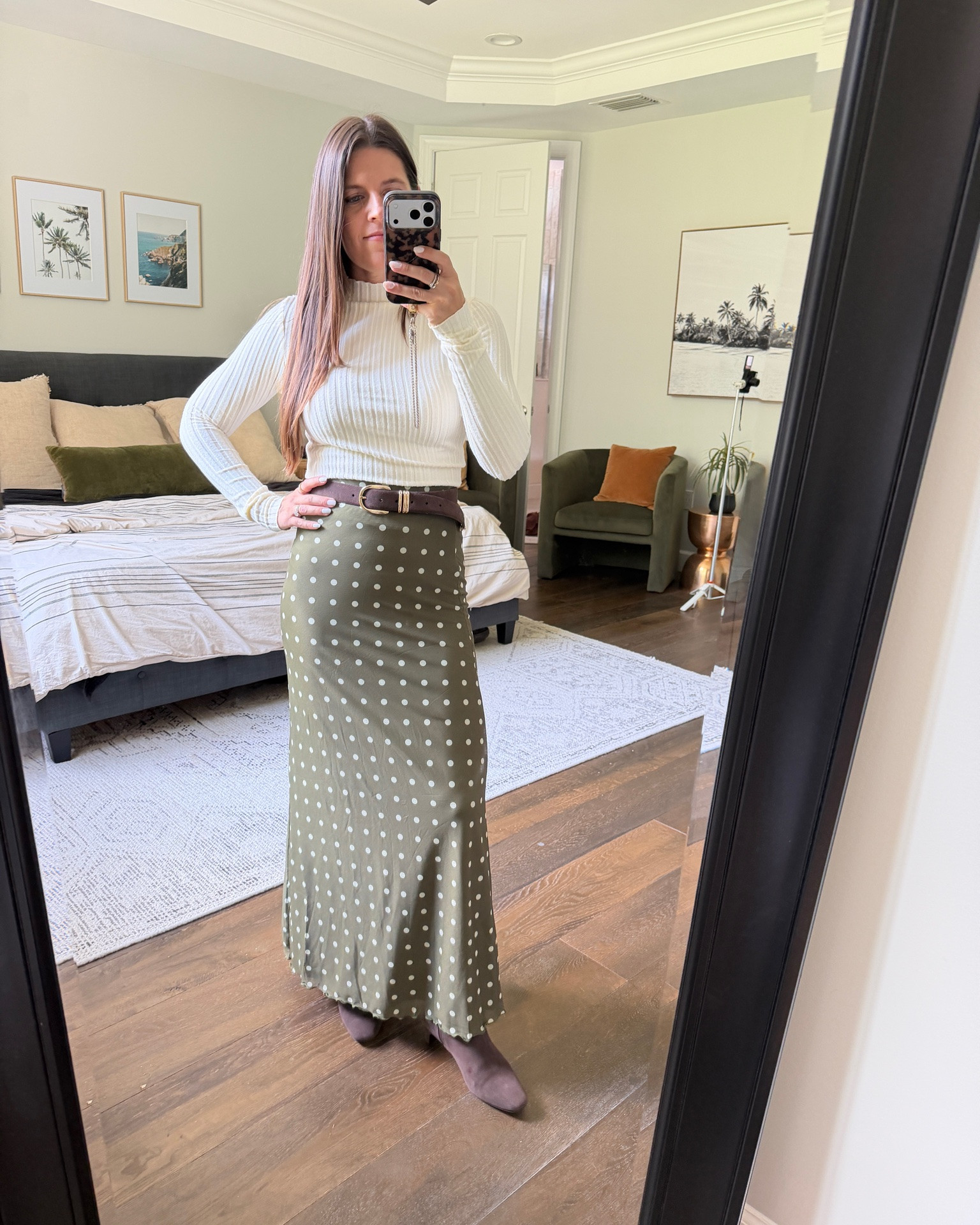 Cold weather fall outfit: Petal and Pup olive polka dot satin maxi skirt, cream ribbed turtleneck, suede belt, brown suede booties.

Petal and Pup, Petal and Pup skirt, polka dots, polka dot maxi skirt, satin maxi skirt outfit, olive green skirt, turtleneck and skirt outfit, brown suede ankle boots, suede belt, fall skirt outfit, fall outfit ideas for family photos, what to wear for family pictures, cold weather family photos, fall workwear outfit, Friendsgiving outfit, petite fall outfit, fall fashion, fall style
