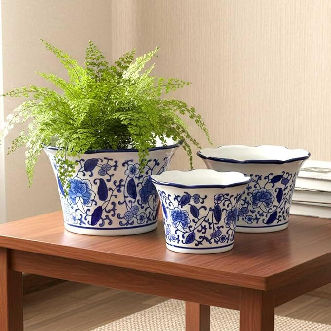 Galt International Blue & White Floral Porcelain Ceramic Decorative Flower Pot 8"/6"/4.5" Garden ... | Amazon (US)